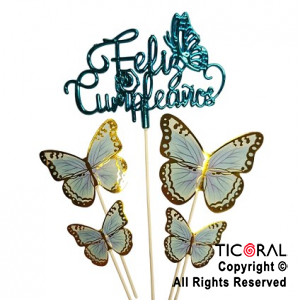 CAKE TOPPER FELIZ CUMPLEAOS CELESTE CON MARIPOSAS CON STAMPING CELESTES X 1